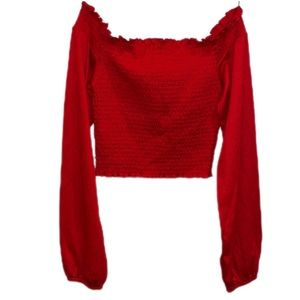 H&M | Red Smocked Long Sleeve Crop Top | Size XS